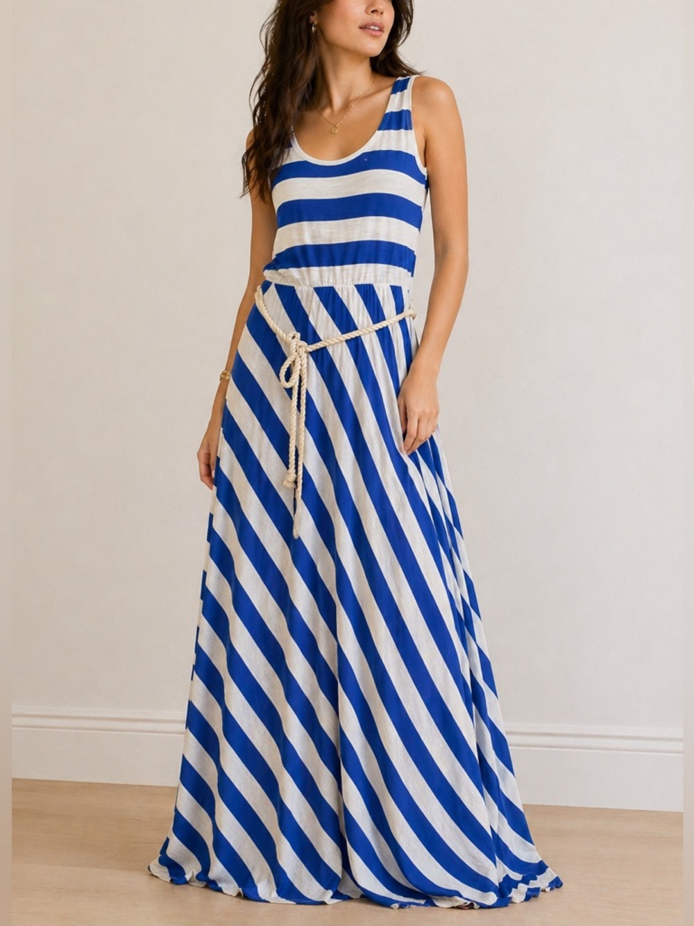 LOFT Blue White Striped Maxi Dress Medium Sleeveless Nautical Rope Belt